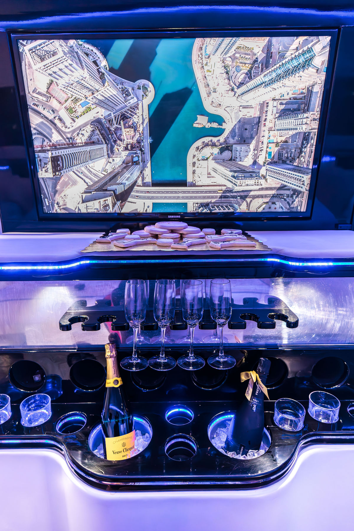 Champagne resting on ice at the Sprinter's built-in bar