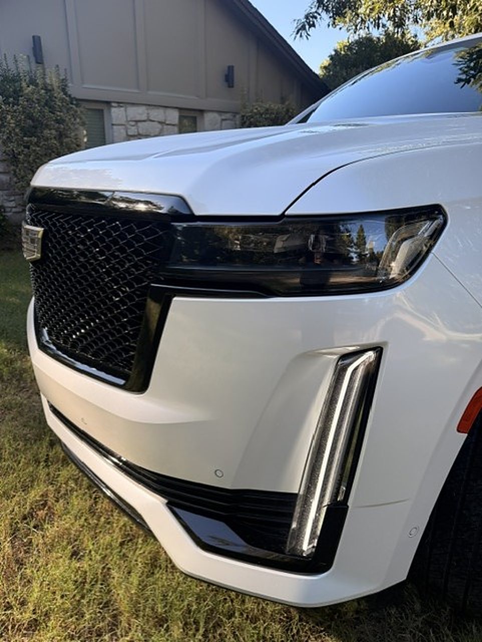 Close view of the Cadillac Escalade black mesh grille and vertical LED lighting